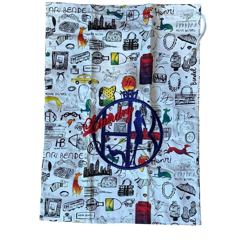 Henri Bendel Doodle Print Laundry Bag Travel Packable White Cotton NYC Rare